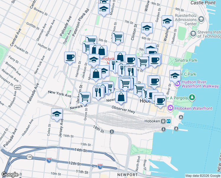 map of restaurants, bars, coffee shops, grocery stores, and more near 413a 1st Street in Hoboken