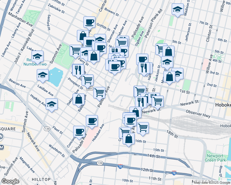 map of restaurants, bars, coffee shops, grocery stores, and more near 120 Ogden Avenue in Jersey City