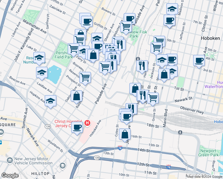 map of restaurants, bars, coffee shops, grocery stores, and more near 120 Ogden Avenue in Jersey City