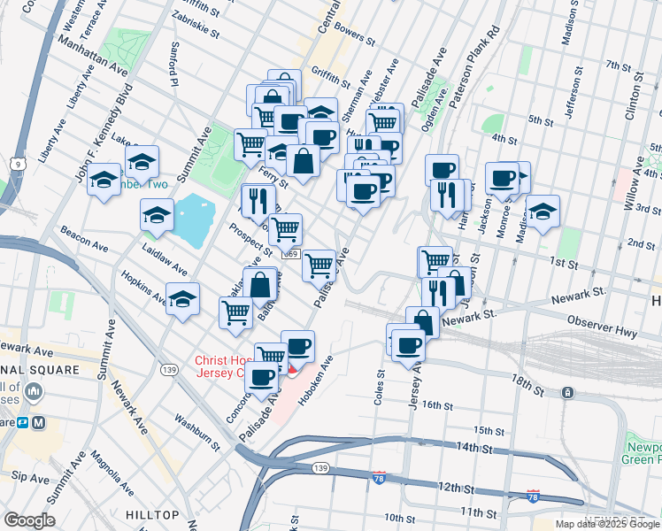 map of restaurants, bars, coffee shops, grocery stores, and more near 296 Palisade Avenue in Jersey City