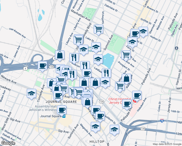 map of restaurants, bars, coffee shops, grocery stores, and more near 187 Beacon Avenue in Jersey City