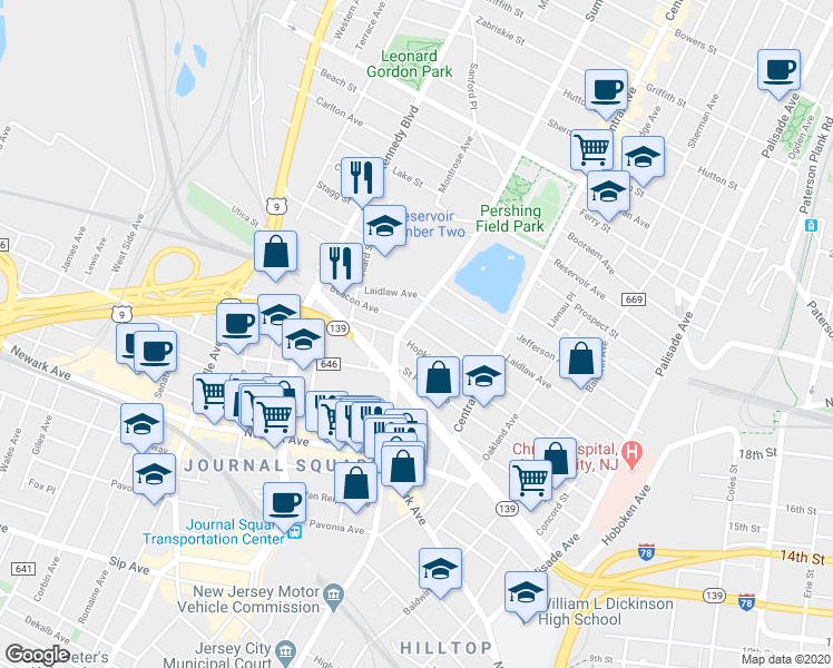 map of restaurants, bars, coffee shops, grocery stores, and more near in Jersey City