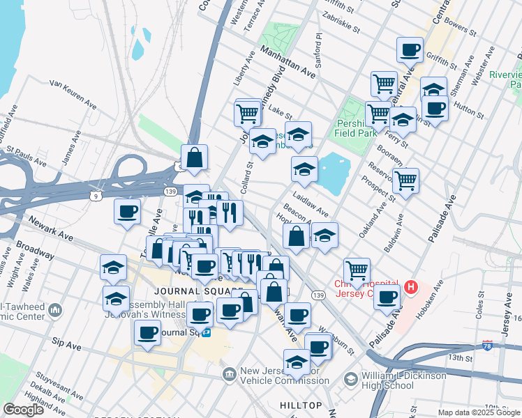 map of restaurants, bars, coffee shops, grocery stores, and more near 203 Hopkins Avenue in Jersey City