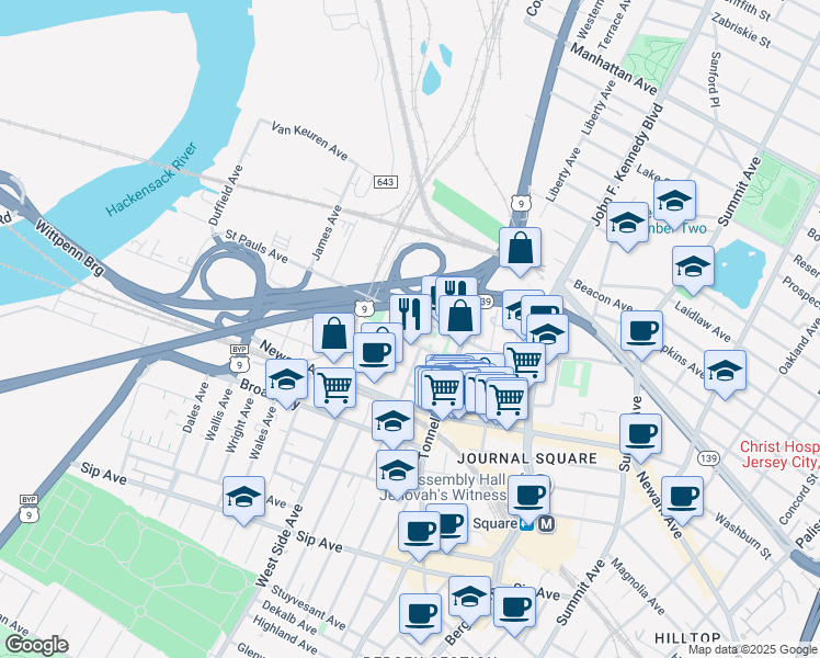 map of restaurants, bars, coffee shops, grocery stores, and more near 334 Saint Pauls Avenue in Jersey City