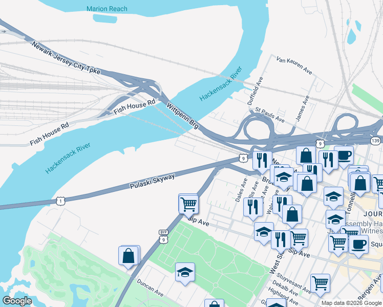 map of restaurants, bars, coffee shops, grocery stores, and more near 275 Broadway in Jersey City