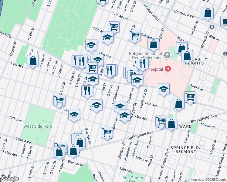map of restaurants, bars, coffee shops, grocery stores, and more near in Newark