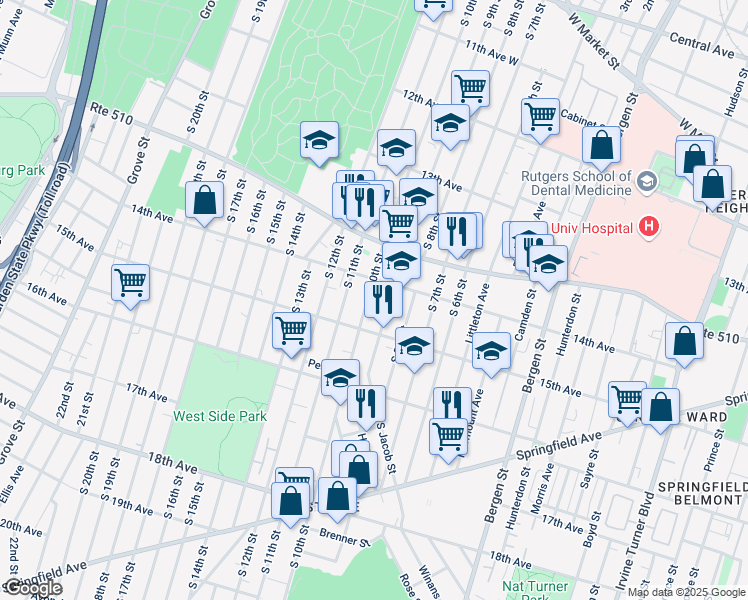map of restaurants, bars, coffee shops, grocery stores, and more near 371 South 9th Street in Newark