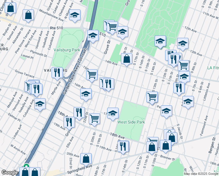 map of restaurants, bars, coffee shops, grocery stores, and more near 538 South 20th Street in Newark