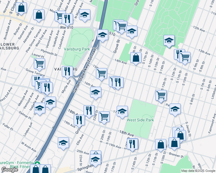 map of restaurants, bars, coffee shops, grocery stores, and more near 7 Roosevelt Terrace in Irvington