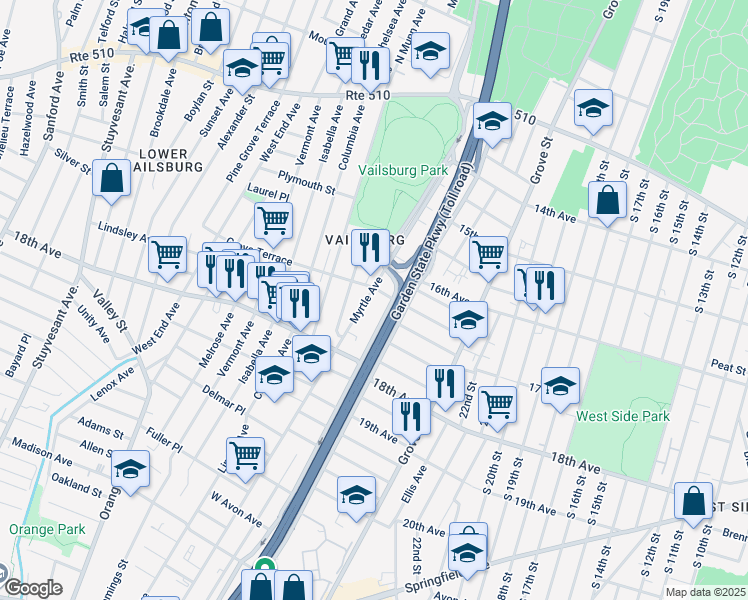 map of restaurants, bars, coffee shops, grocery stores, and more near 388 Myrtle Avenue in Irvington