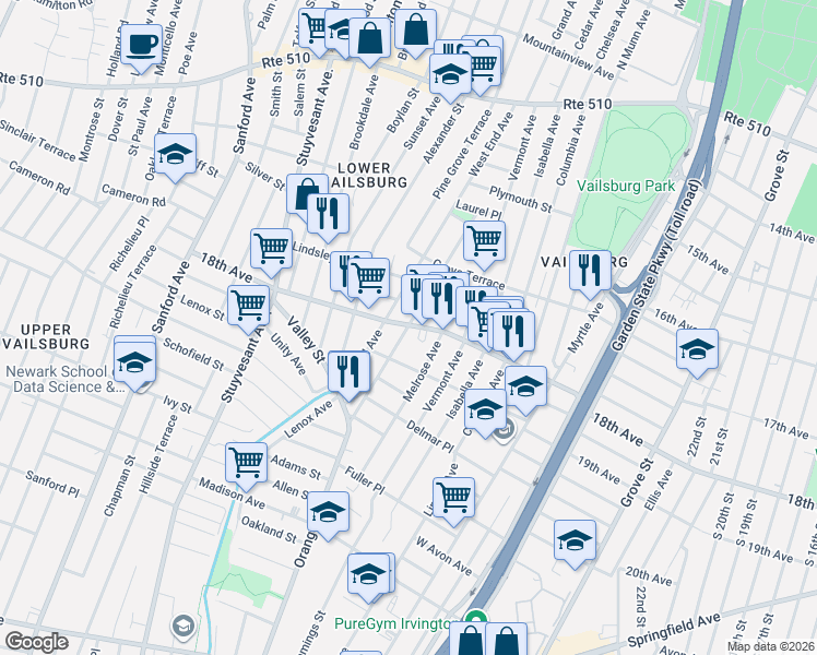 map of restaurants, bars, coffee shops, grocery stores, and more near 927 18th Avenue in Newark