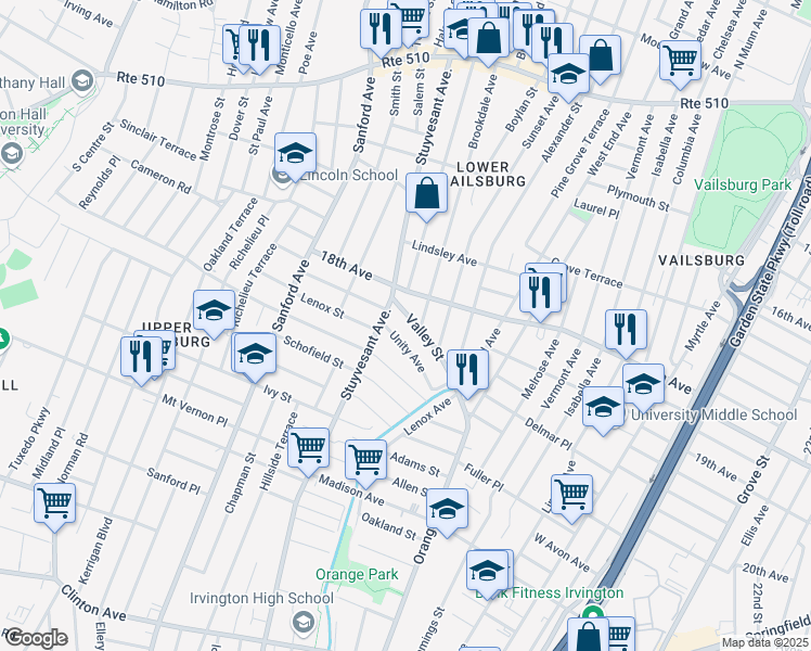 map of restaurants, bars, coffee shops, grocery stores, and more near 70 Valley Street in Newark