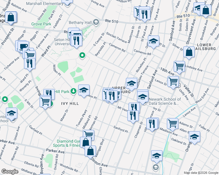 map of restaurants, bars, coffee shops, grocery stores, and more near 48 Norman Road in Newark