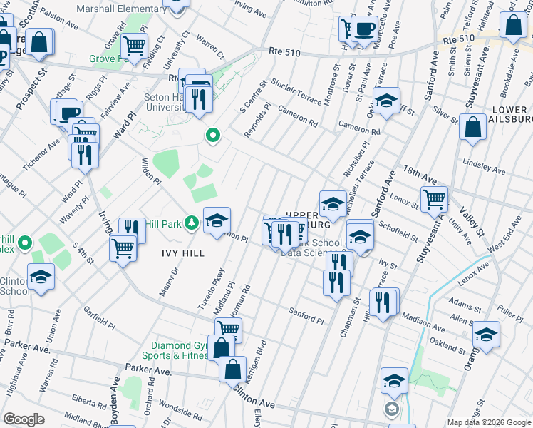 map of restaurants, bars, coffee shops, grocery stores, and more near 200 Ivy Street in Newark