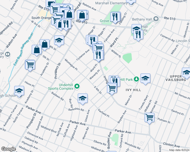 map of restaurants, bars, coffee shops, grocery stores, and more near 215 Lindsley Avenue in South Orange