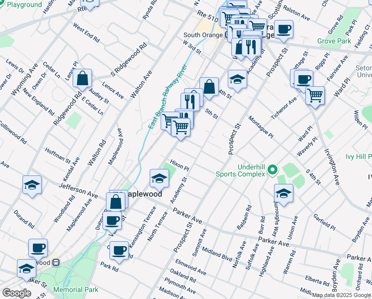 map of restaurants, bars, coffee shops, grocery stores, and more near 82 Roland Avenue in South Orange
