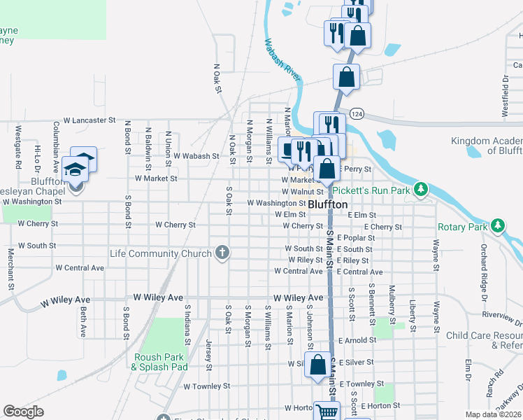 map of restaurants, bars, coffee shops, grocery stores, and more near 424 West Washington Street in Bluffton