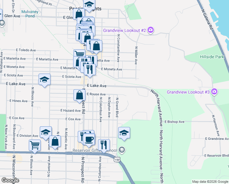 map of restaurants, bars, coffee shops, grocery stores, and more near 1521 East Rouse Avenue in Peoria