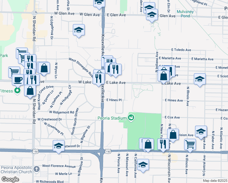 map of restaurants, bars, coffee shops, grocery stores, and more near 4221 North Knollridge Road in Peoria