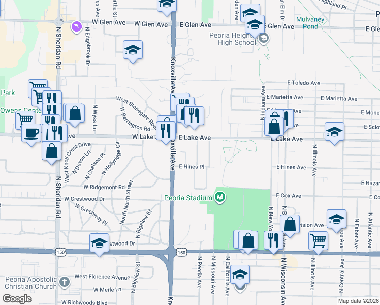map of restaurants, bars, coffee shops, grocery stores, and more near 4221 North Knollridge Road in Peoria