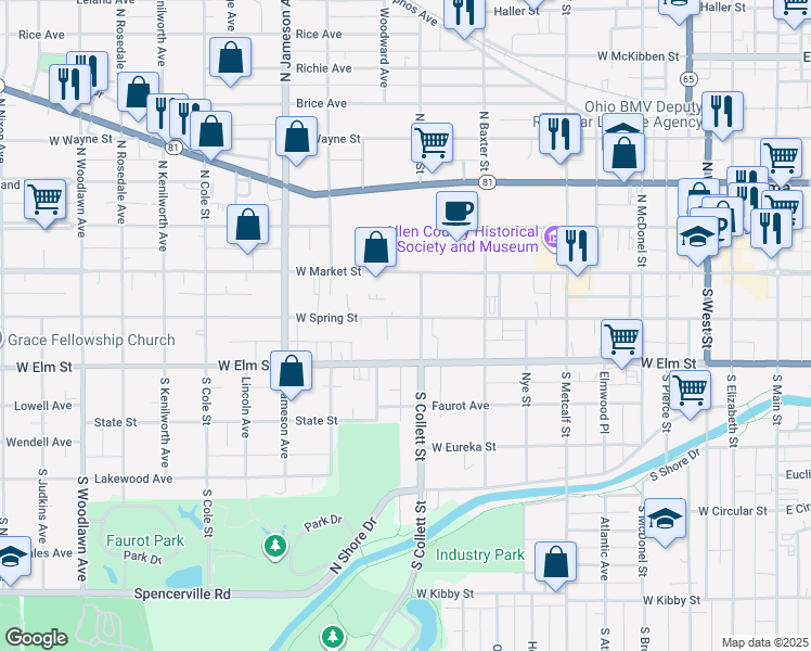 map of restaurants, bars, coffee shops, grocery stores, and more near 807 West Spring Street in Lima