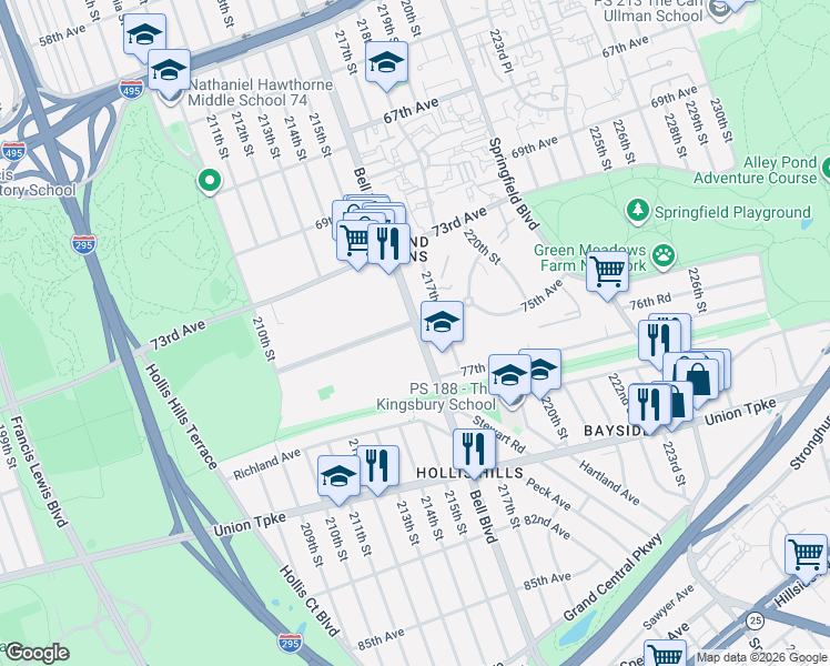 map of restaurants, bars, coffee shops, grocery stores, and more near 75-08 Bell Boulevard in Queens