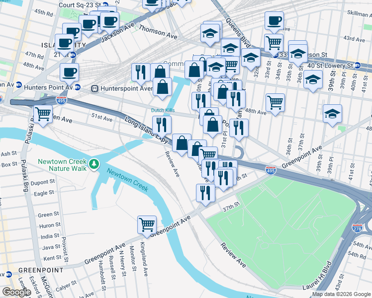 map of restaurants, bars, coffee shops, grocery stores, and more near Long Island Expressway in Queens
