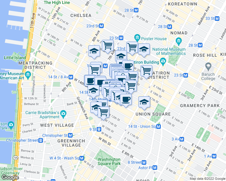 map of restaurants, bars, coffee shops, grocery stores, and more near 101 West 15th Street in New York
