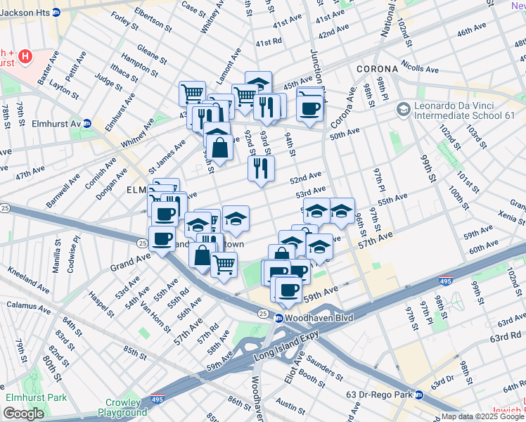 map of restaurants, bars, coffee shops, grocery stores, and more near 90-47 53rd Avenue in Queens