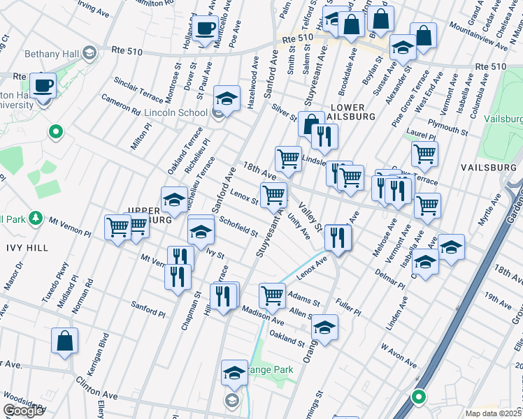 map of restaurants, bars, coffee shops, grocery stores, and more near 9 Lenox Street in Newark