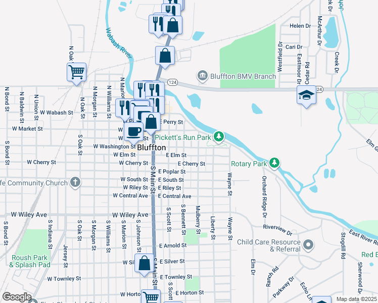 map of restaurants, bars, coffee shops, grocery stores, and more near 310 East Washington Street in Bluffton