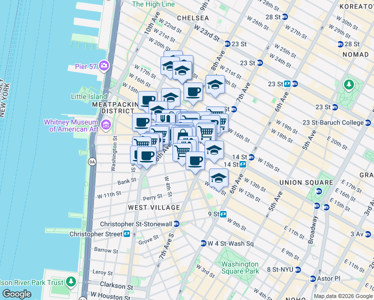map of restaurants, bars, coffee shops, grocery stores, and more near 236 West 13th Street in New York