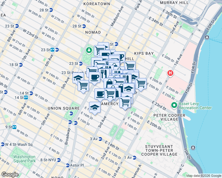 map of restaurants, bars, coffee shops, grocery stores, and more near 134 East 22nd Street in New York