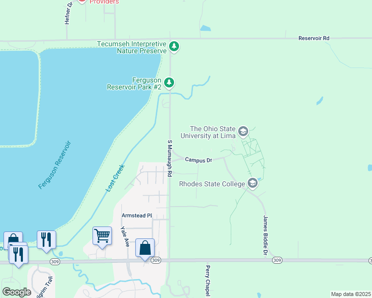 map of restaurants, bars, coffee shops, grocery stores, and more near 4240 Campus Drive in Lima