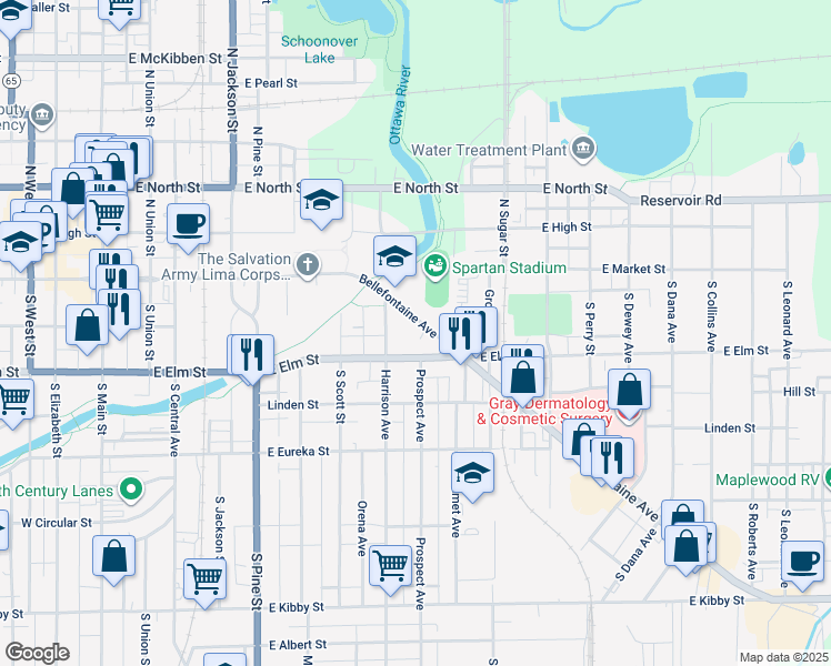 map of restaurants, bars, coffee shops, grocery stores, and more near 834 Bellefontaine Avenue in Lima