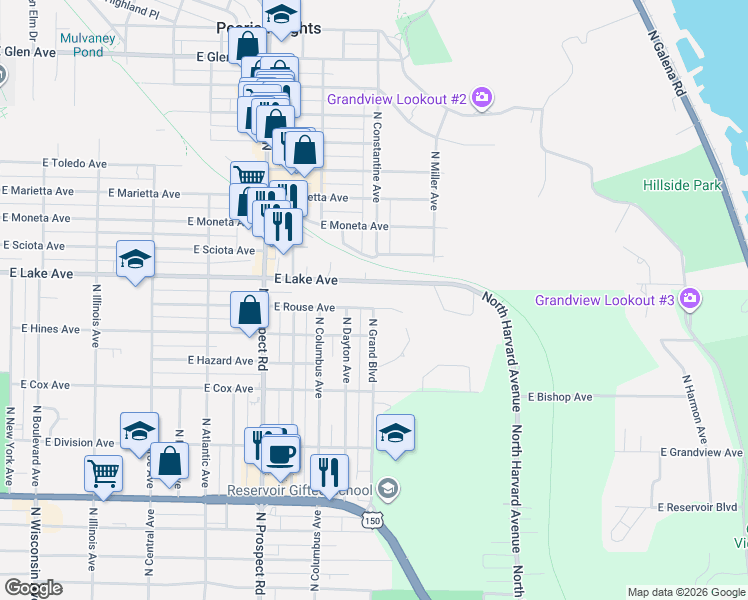 map of restaurants, bars, coffee shops, grocery stores, and more near 1521 East Rouse Avenue in Peoria