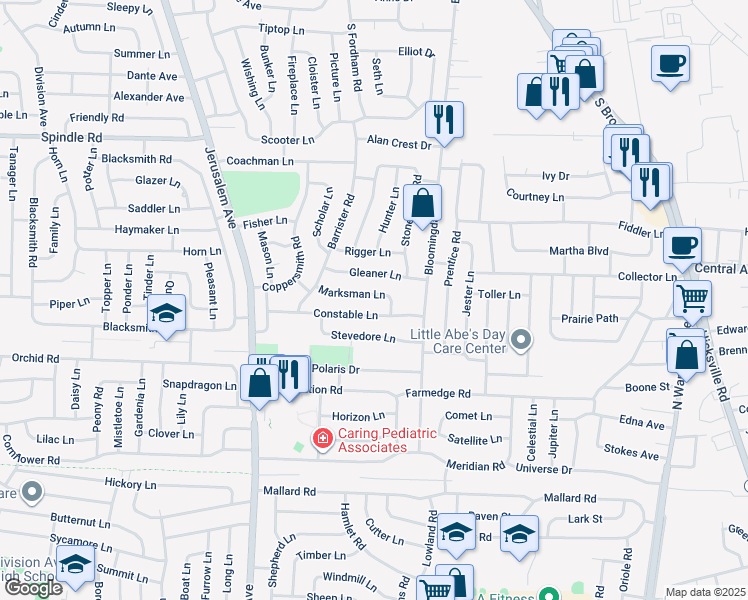 map of restaurants, bars, coffee shops, grocery stores, and more near 34 Marksman Lane in Levittown