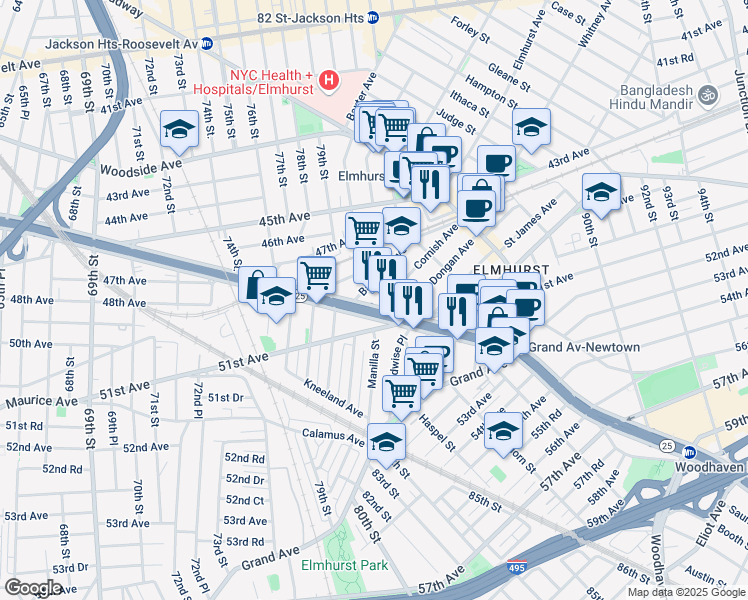 map of restaurants, bars, coffee shops, grocery stores, and more near 7915 Queens Boulevard in Queens