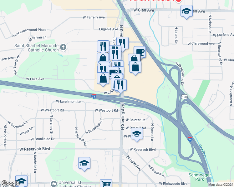 map of restaurants, bars, coffee shops, grocery stores, and more near 2522 West Lake Avenue in Peoria