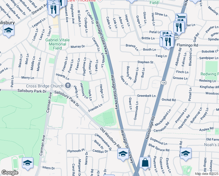 map of restaurants, bars, coffee shops, grocery stores, and more near 191 Friends Lane in Westbury