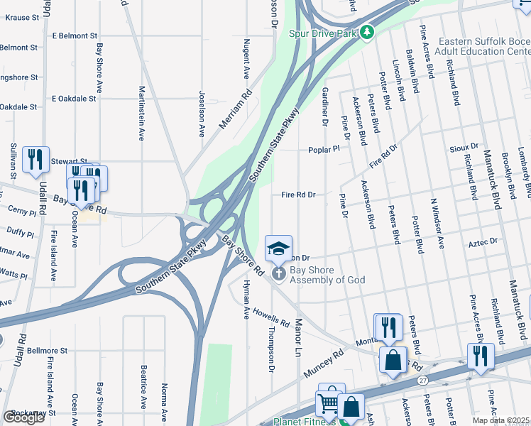 map of restaurants, bars, coffee shops, grocery stores, and more near 1396 Thompson Drive in Bay Shore