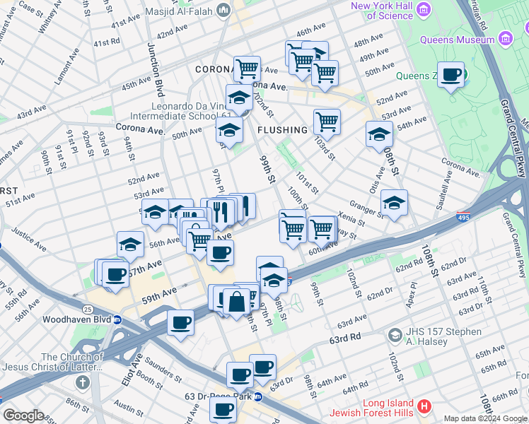 map of restaurants, bars, coffee shops, grocery stores, and more near 55-25 98th Place in Queens