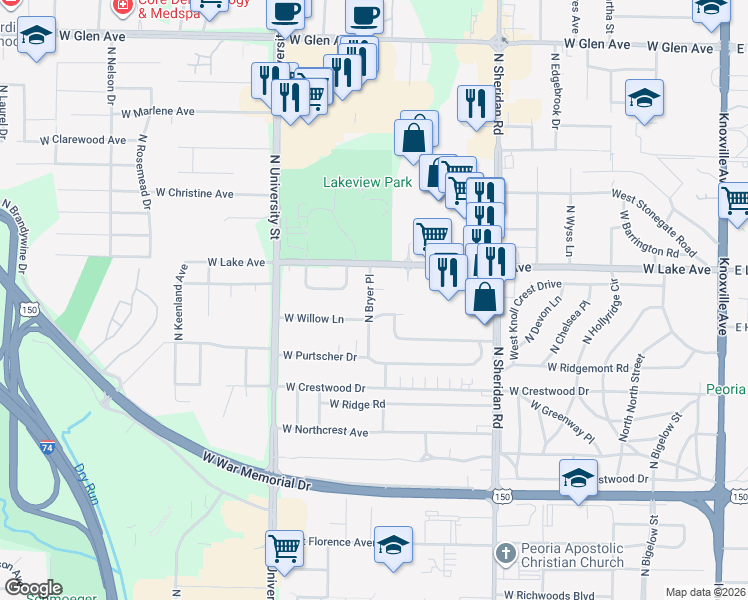 map of restaurants, bars, coffee shops, grocery stores, and more near 4116 North Bryer Place in Peoria