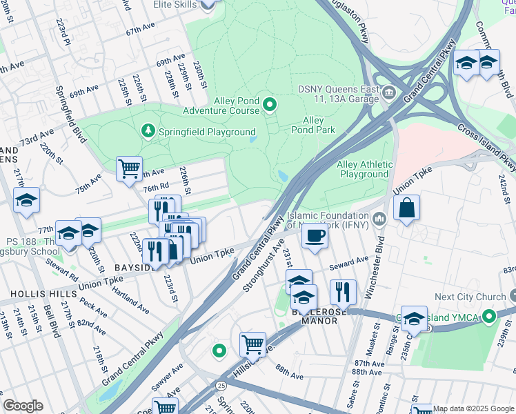 map of restaurants, bars, coffee shops, grocery stores, and more near 23010 Kingsbury Avenue in Queens