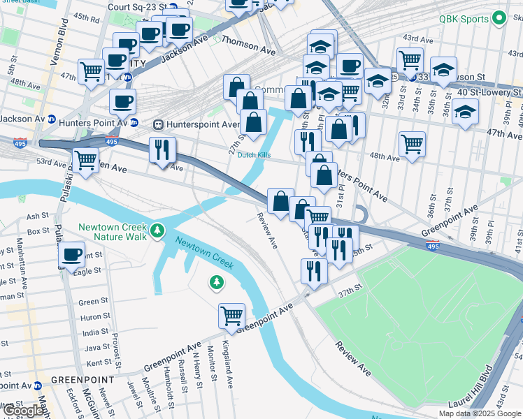 map of restaurants, bars, coffee shops, grocery stores, and more near in Queens