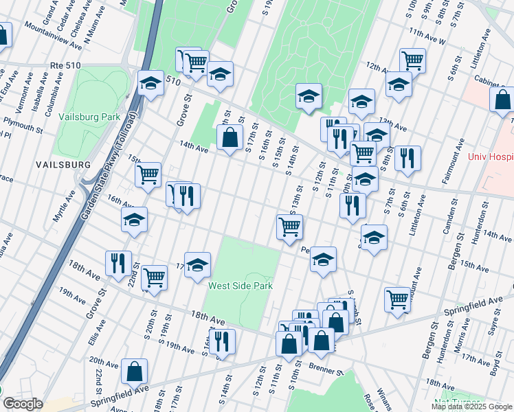 map of restaurants, bars, coffee shops, grocery stores, and more near 579 15th Avenue in Newark