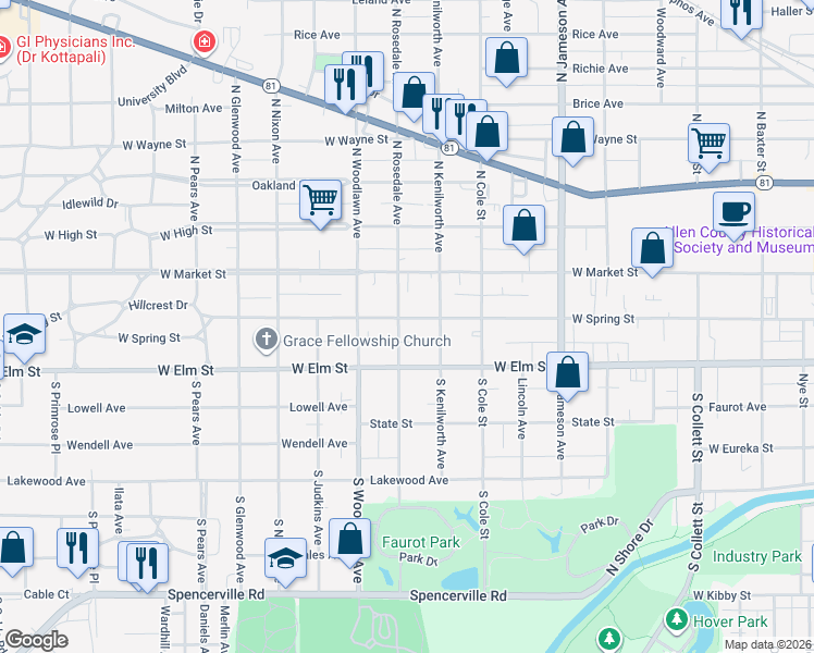 map of restaurants, bars, coffee shops, grocery stores, and more near 1231 West Spring Street in Lima