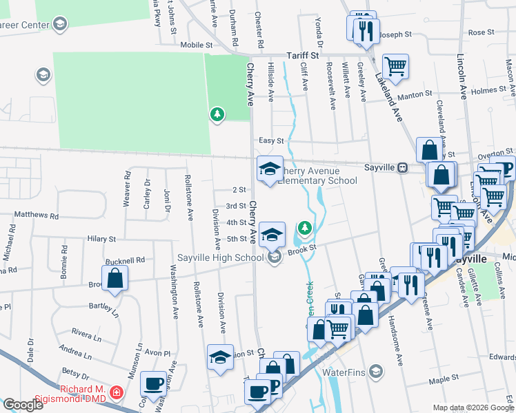 map of restaurants, bars, coffee shops, grocery stores, and more near 141 Cherry Avenue in West Sayville