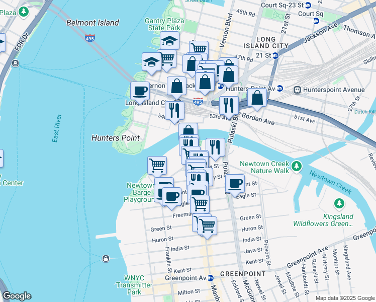 map of restaurants, bars, coffee shops, grocery stores, and more near 1155 Manhattan Avenue in Brooklyn