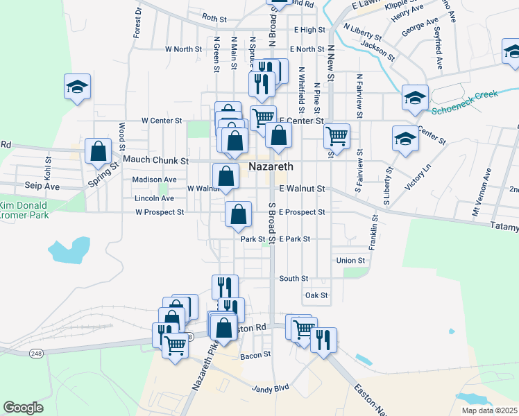 map of restaurants, bars, coffee shops, grocery stores, and more near 41 East Prospect Street in Nazareth